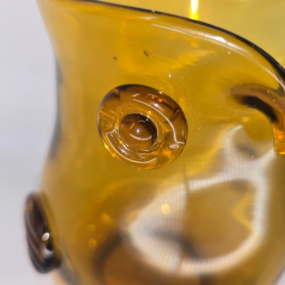 Vintage Pier 1 Amber Art Glass Owl Vase Pitcher Mid Century Modern Decor 8in